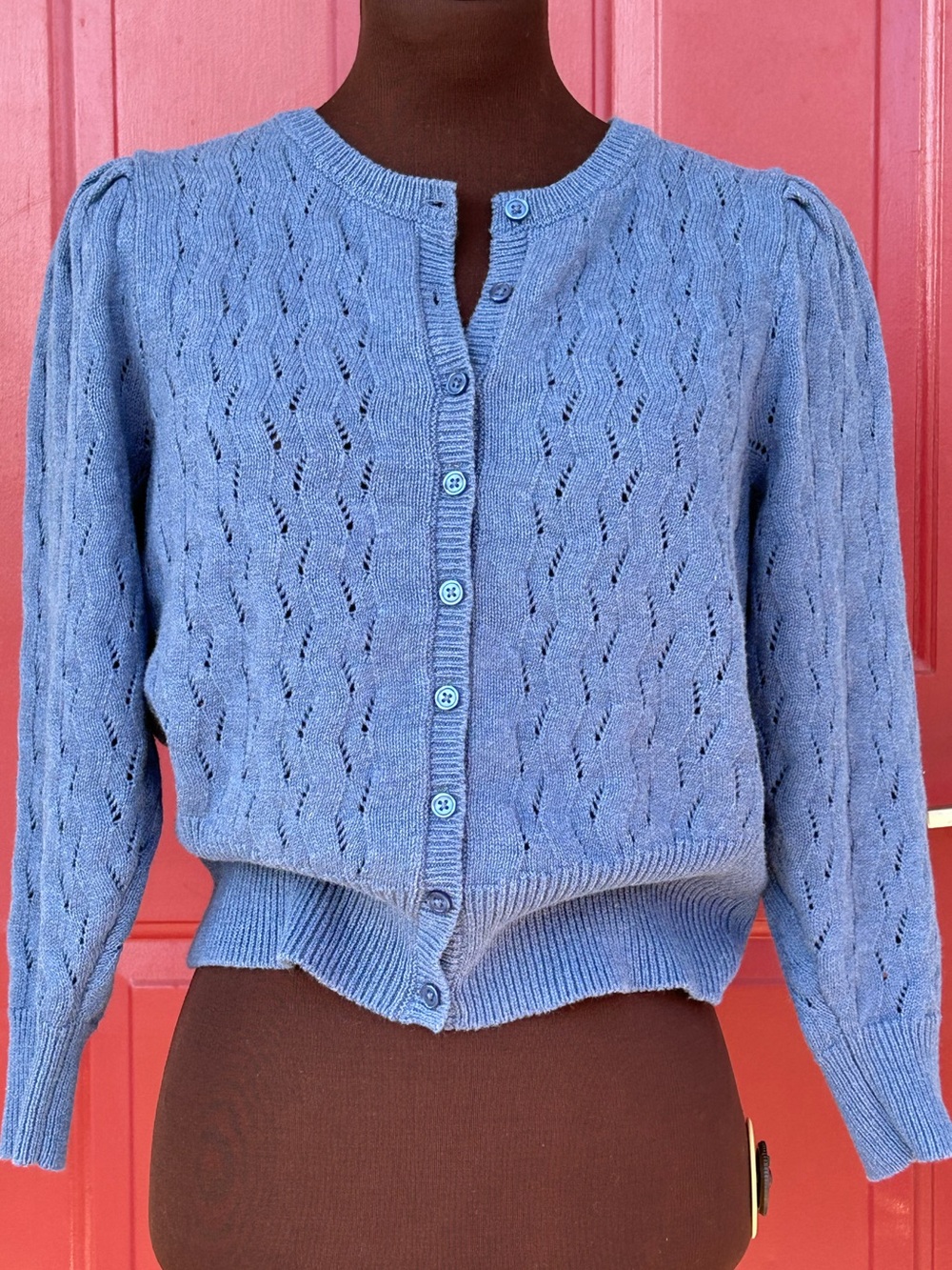 JOIE sS Classic Pointelle Button-Front Cardigan-soft blue linen/cotton-looks new